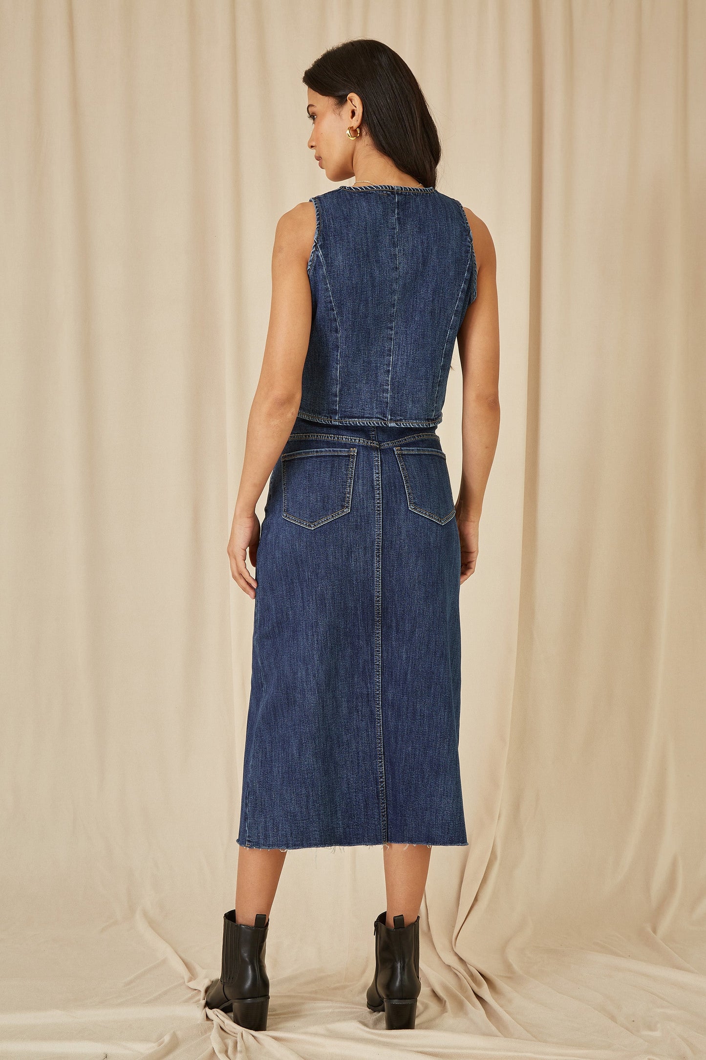 Yumi Blue Denim Stretch Fitted Midi Skirt With Front Split
