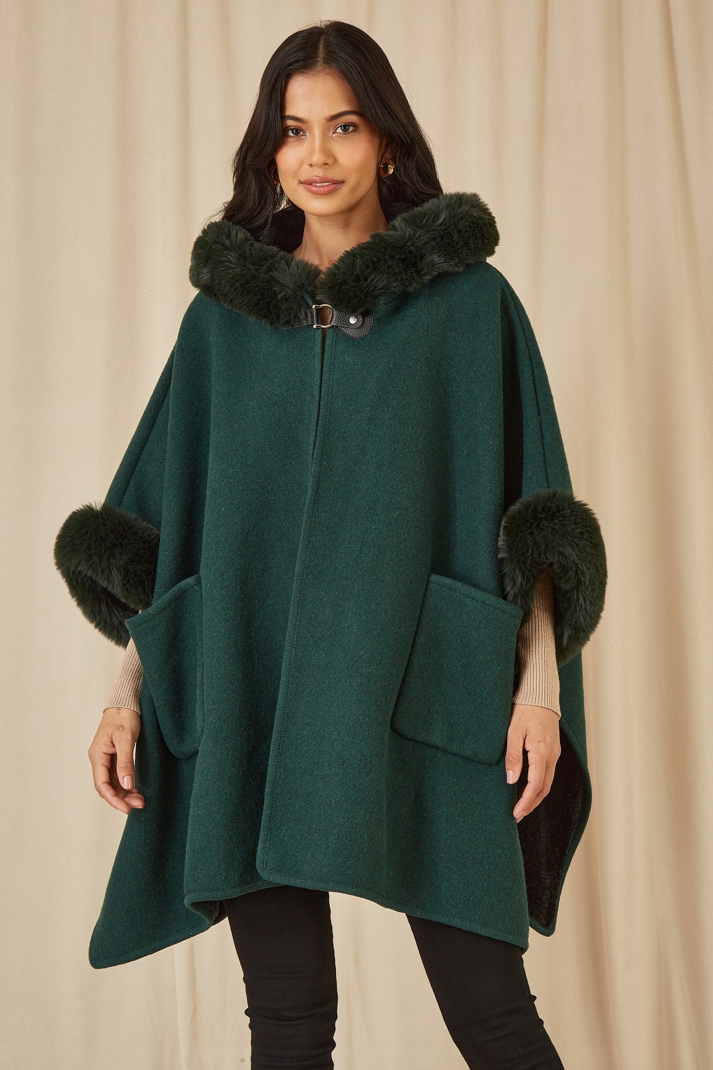 Yumi Green Cape With Luxe Fur Trim And Lining