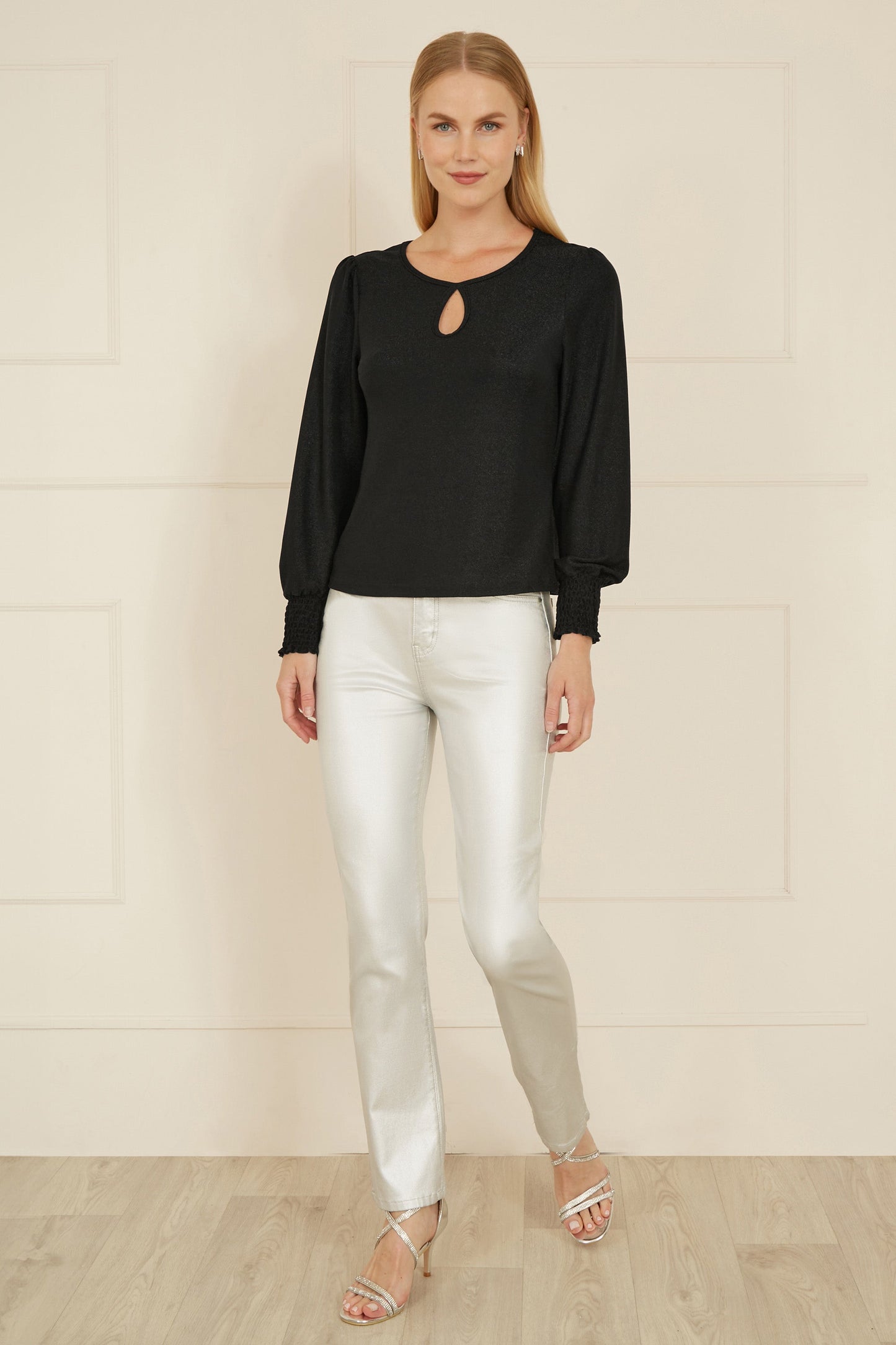 Yumi Black And Gold Sparkle Stretch Keyhole Neckline Top