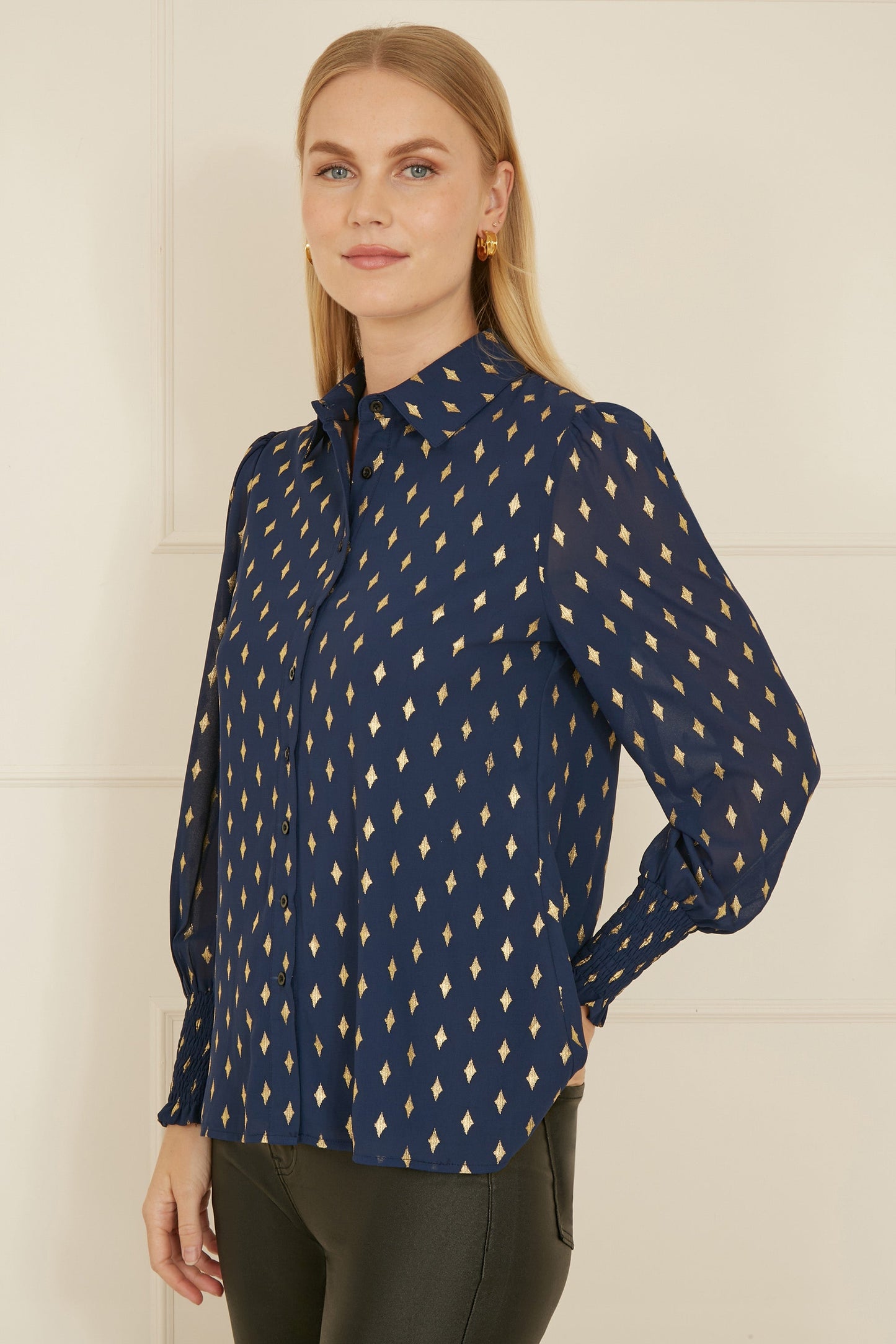 Yumi Navy Diamond Foil Print Top With Ruched Cuff