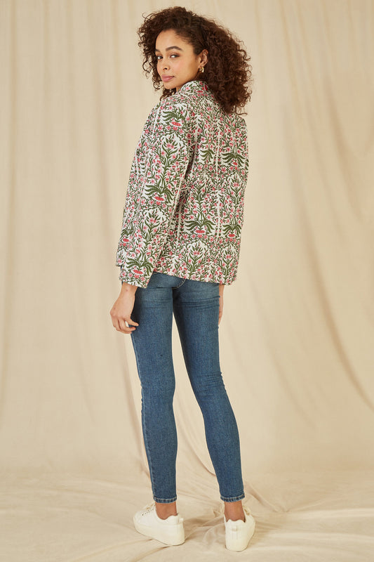 Yumi Pink Floral Print Reversible Cotton Quilted Jacket