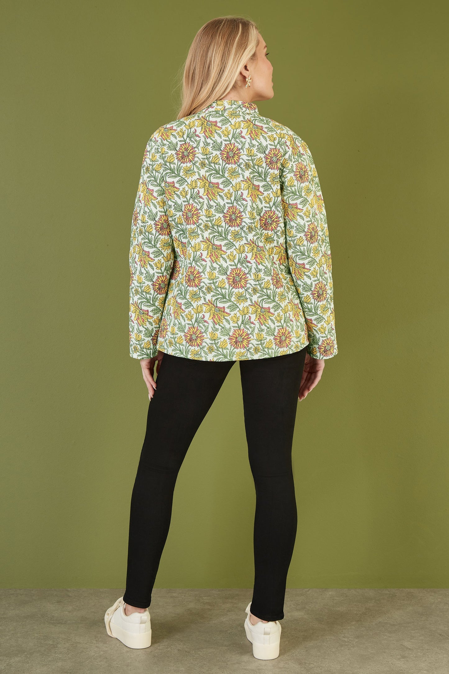 Yumi Yellow Floral Print Reversible Cotton Quilted Jacket