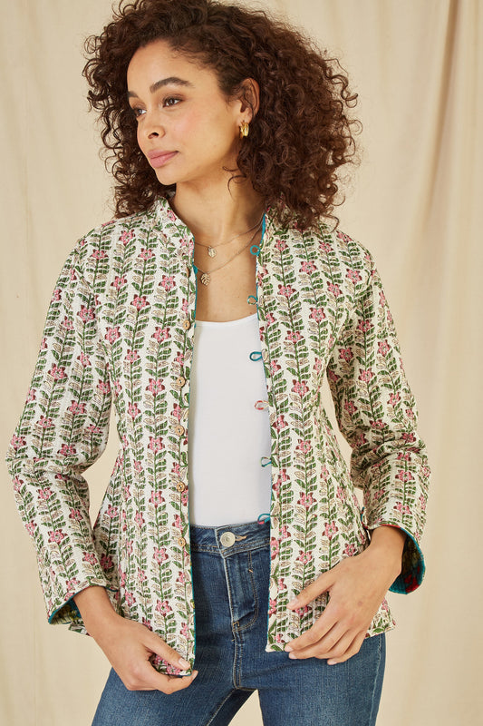 Yumi Teal Floral Print Reversible Cotton Quilted Jacket