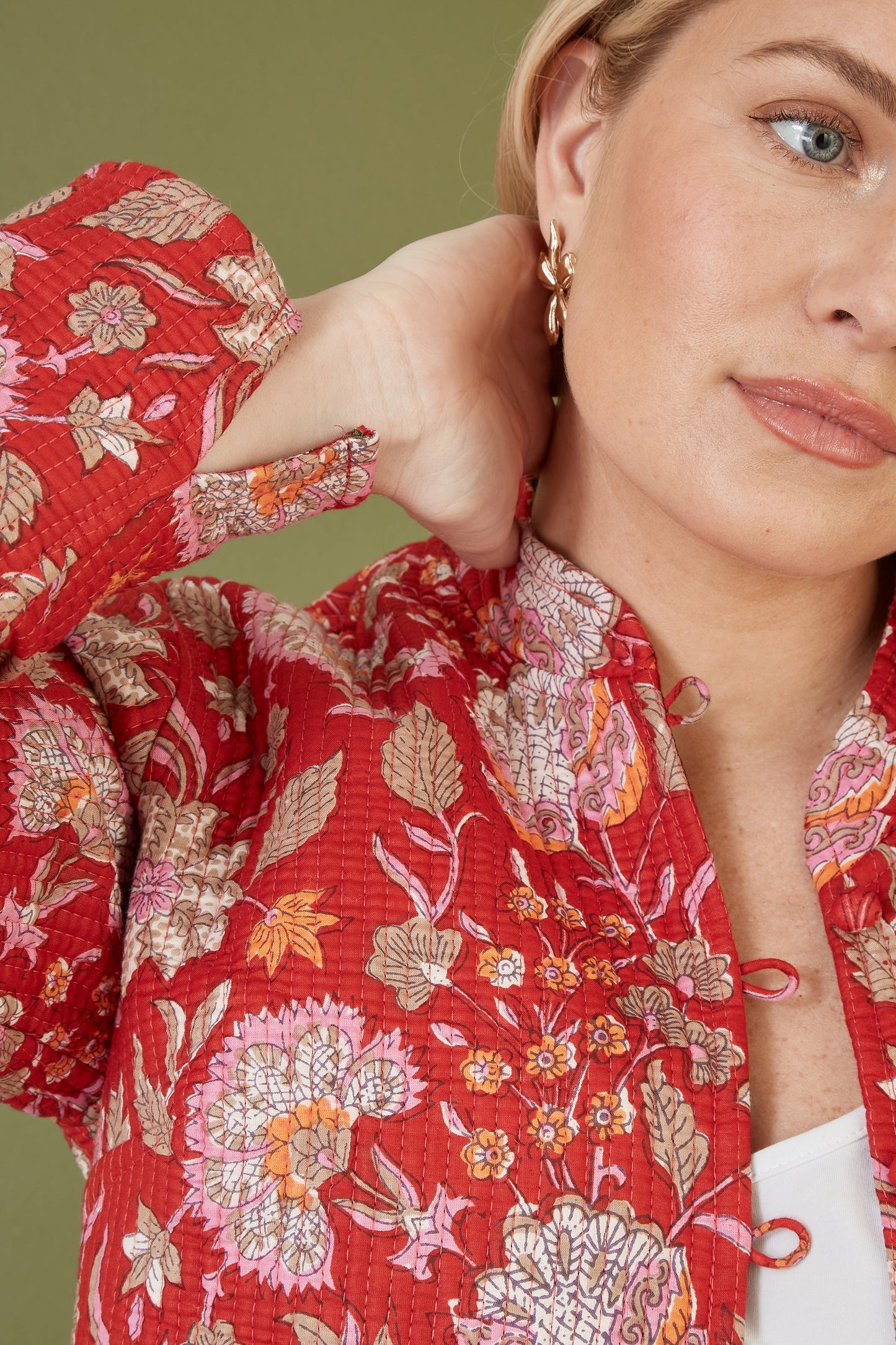 Yumi Red Floral Print Reversible Cotton Quilted Jacket