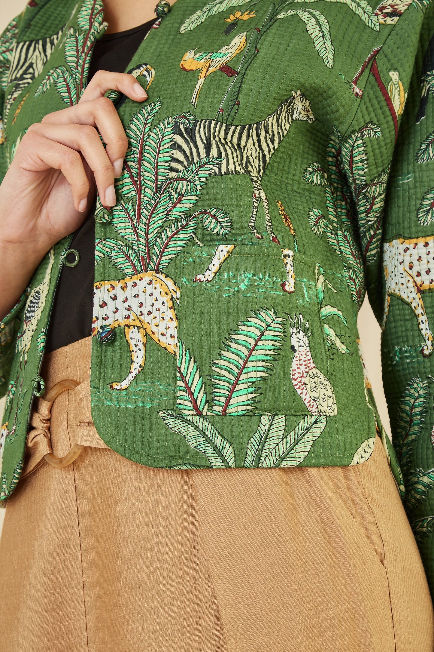 Yumi Green Animal Print Reversible Cotton Cropped Quilted Jacket