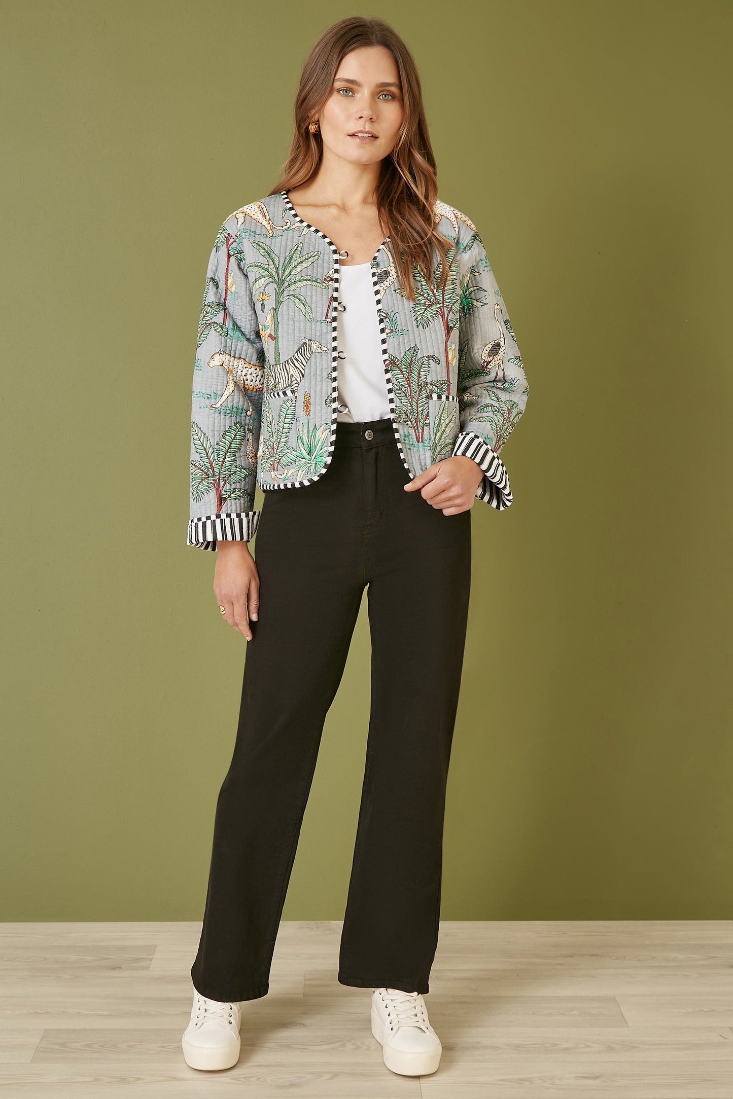 Yumi Grey Animal Print Reversible Cotton Cropped Quilted Jacket