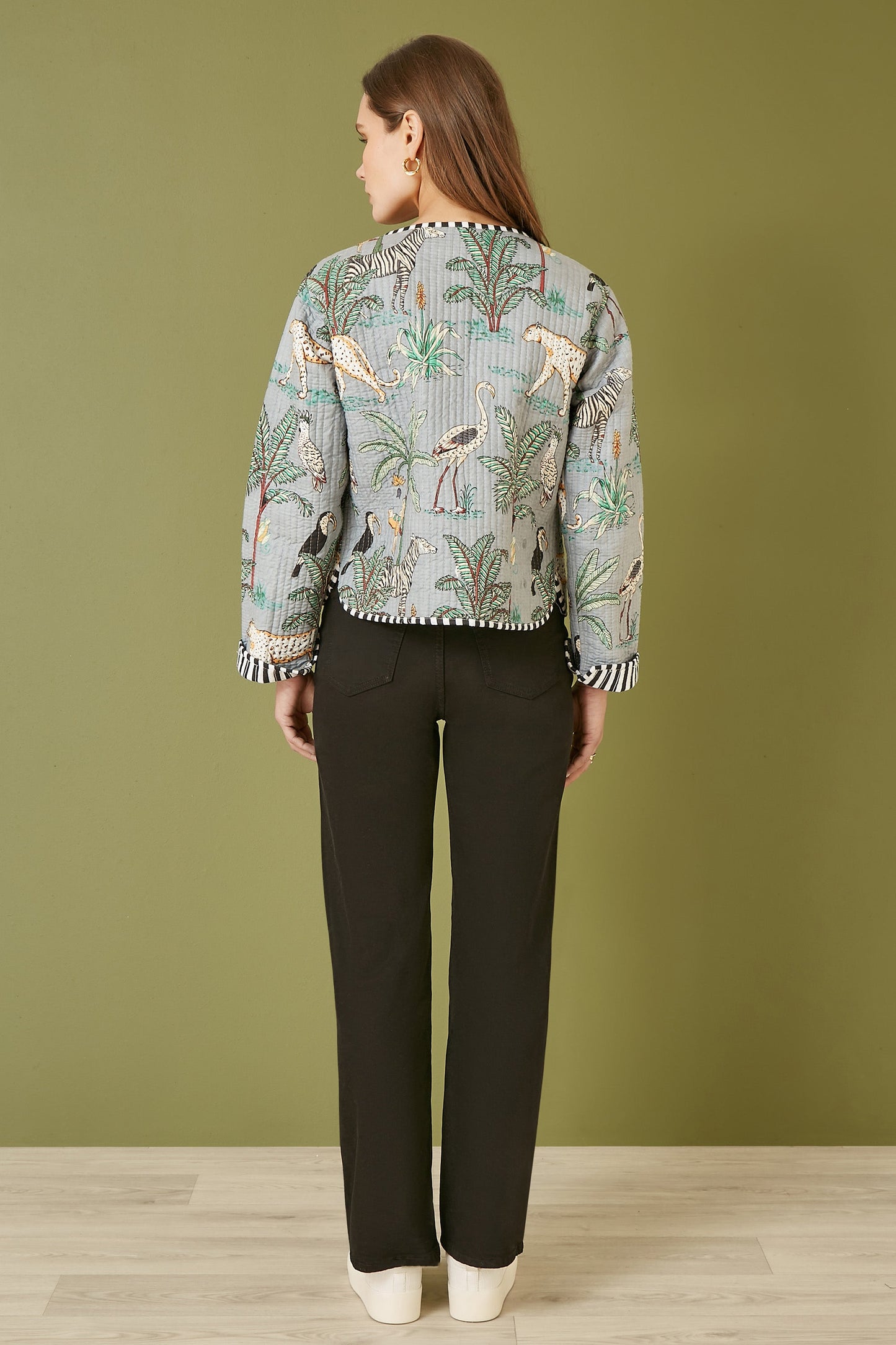 Yumi Grey Animal Print Reversible Cotton Cropped Quilted Jacket