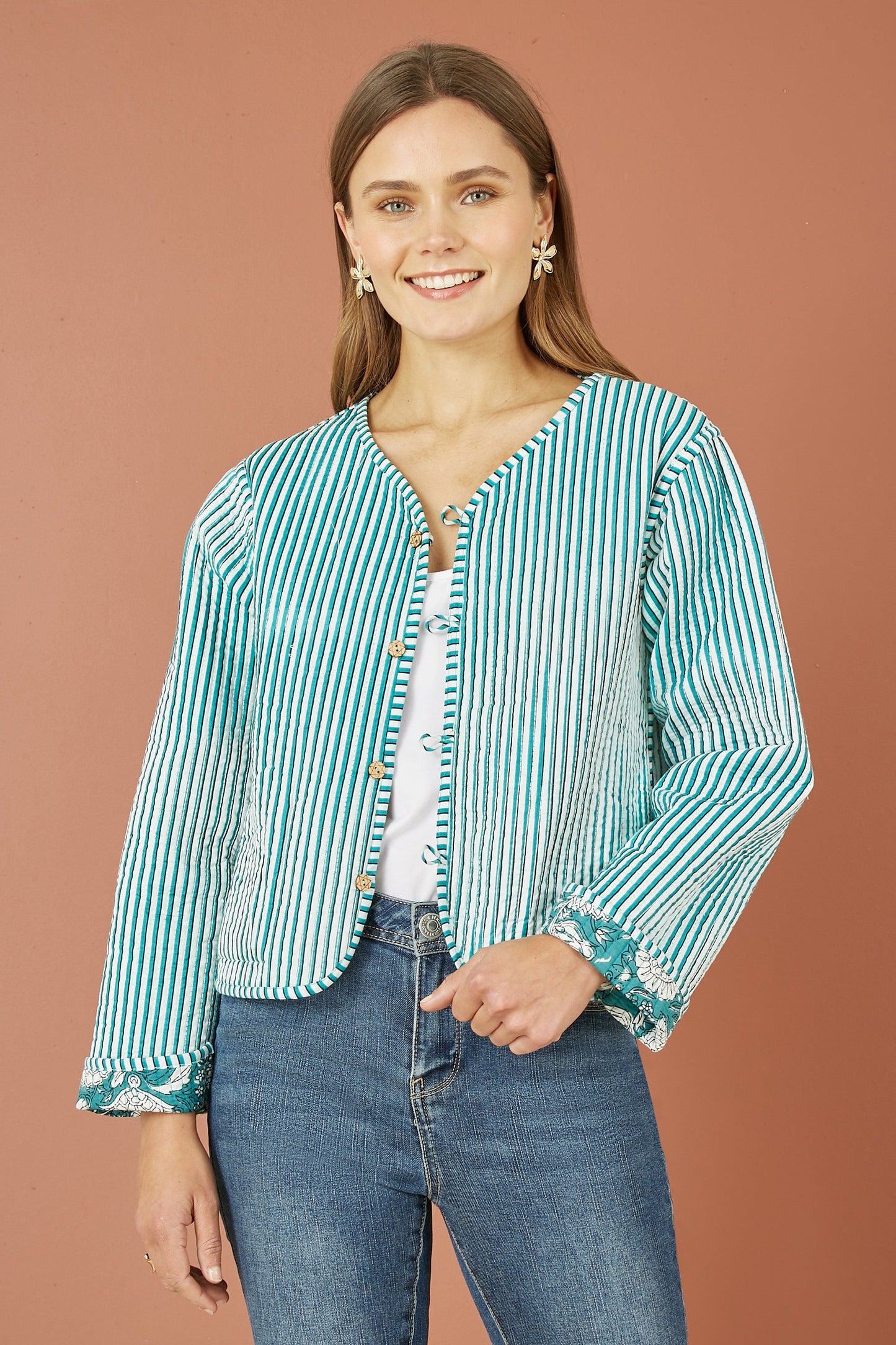 Yumi Green Patchwork Print Reversible Cotton Quilted Jacket