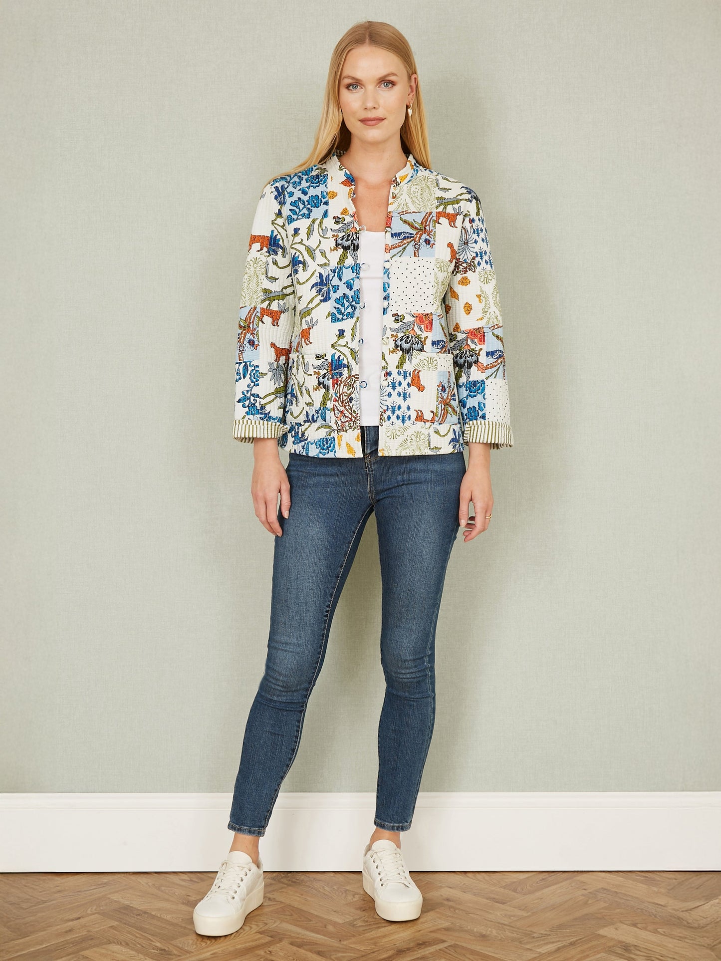 Yumi White Patchwork Print Reversible Cotton Quilted Jacket