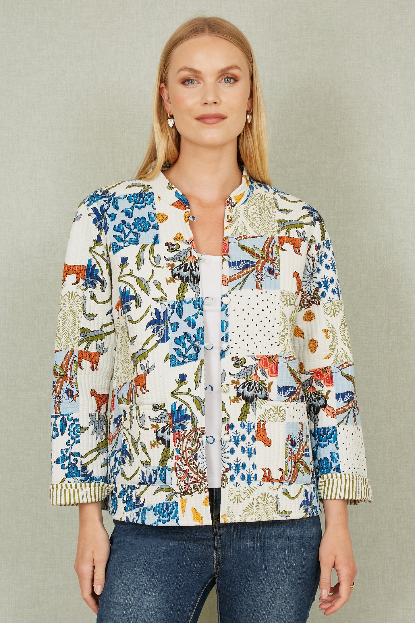 Yumi White Patchwork Print Reversible Cotton Quilted Jacket