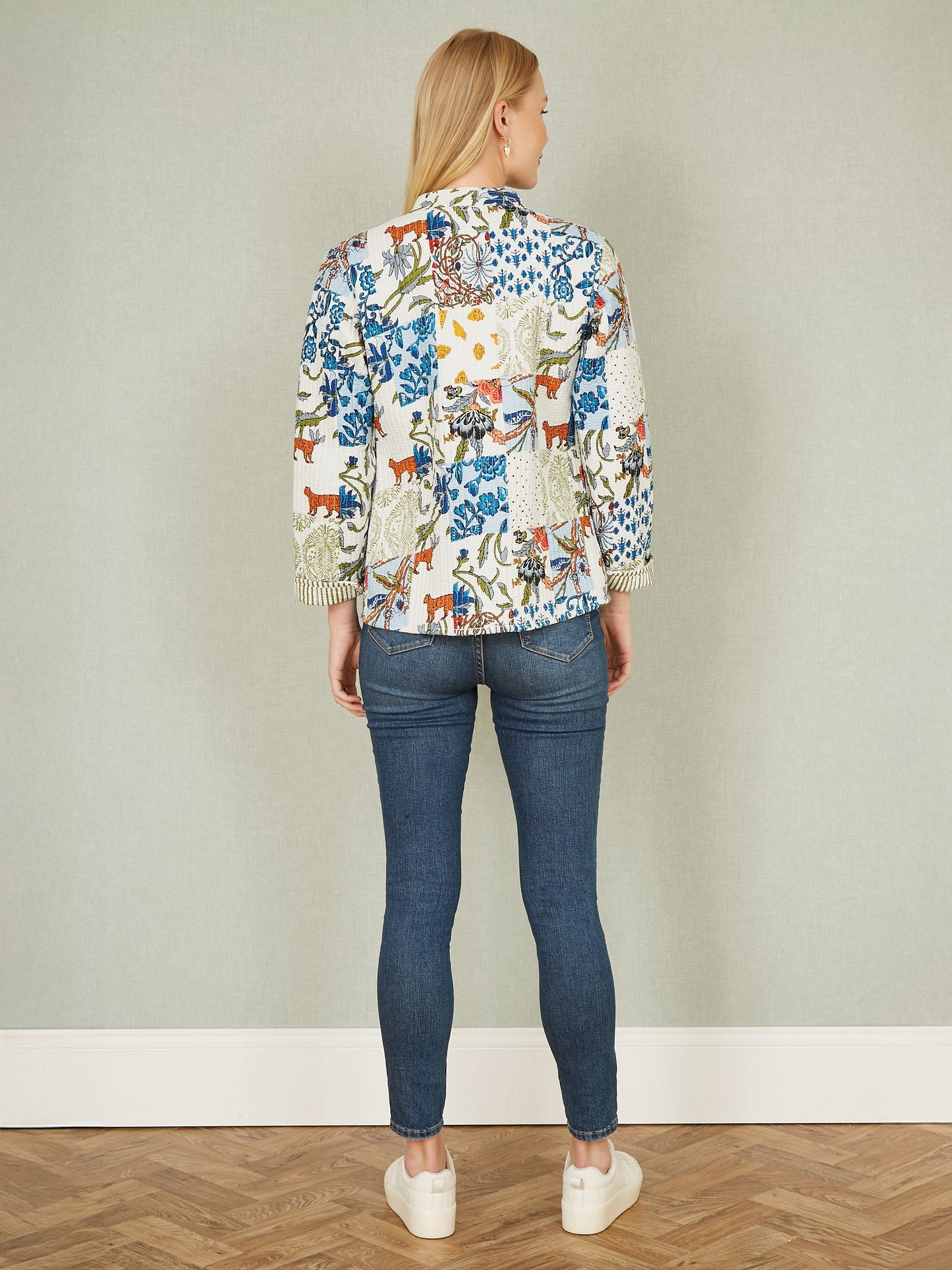 Yumi White Patchwork Print Reversible Cotton Quilted Jacket