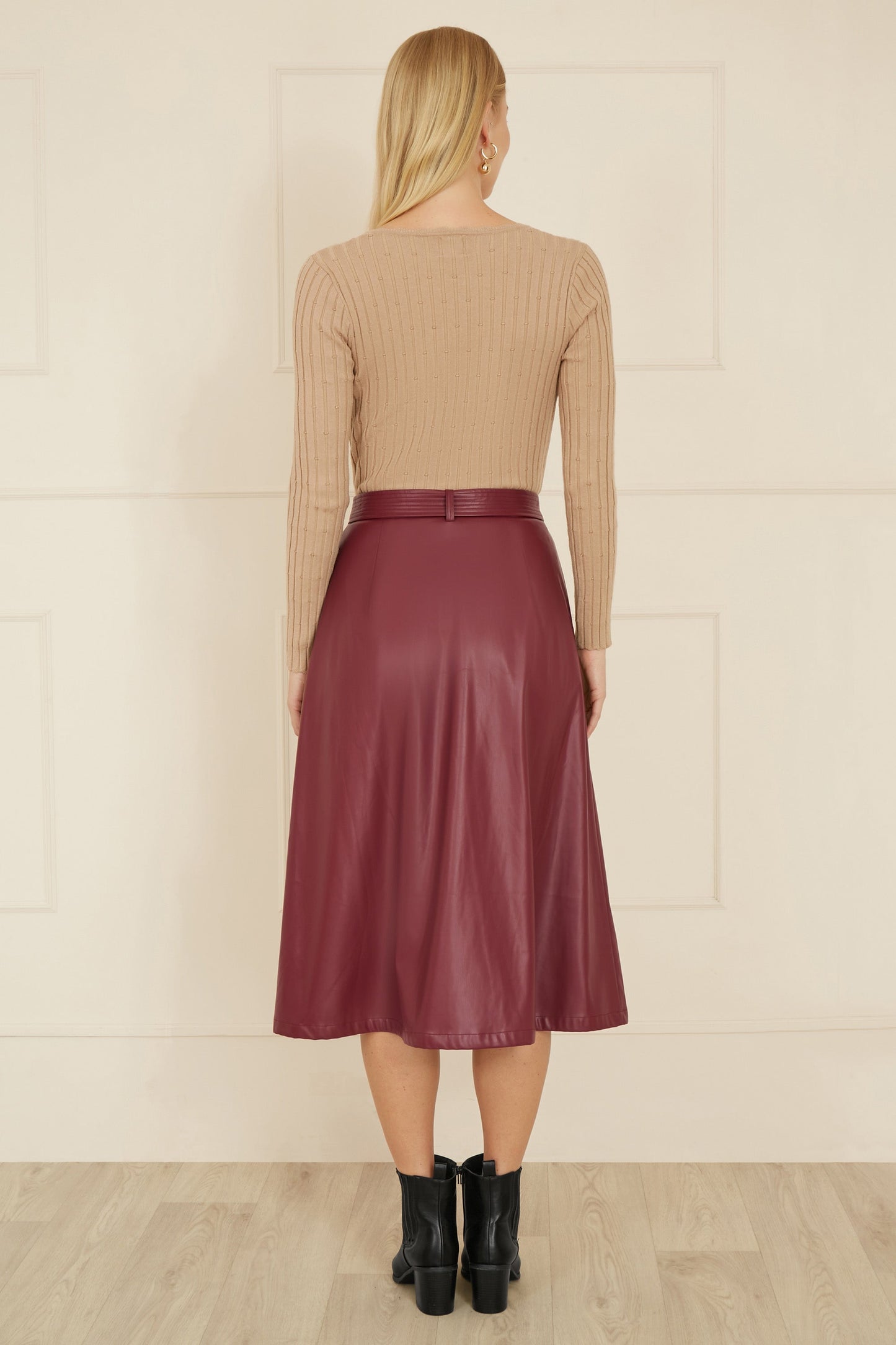 Yumi Burgundy Faux Leather A Line Midi Skirt With Button Up Details
