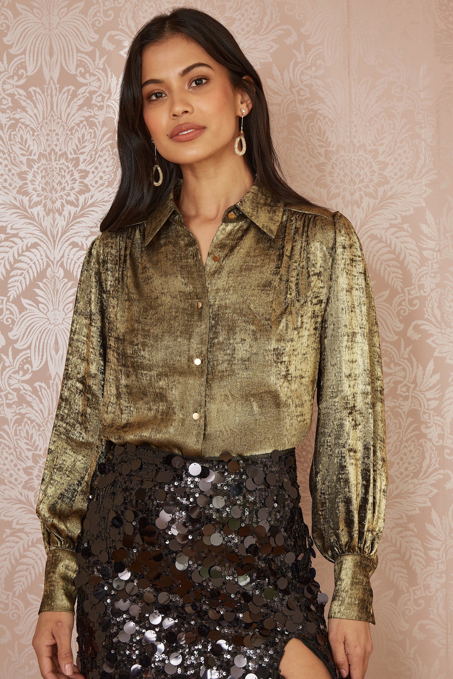 Yumi Gold Metallic Relaxed Balloon Sleeve Shirt
