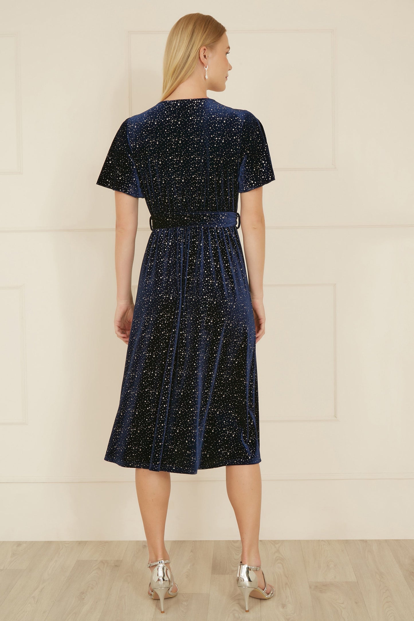 Yumi Navy Velvet Sparkle Wrap Midi Dress