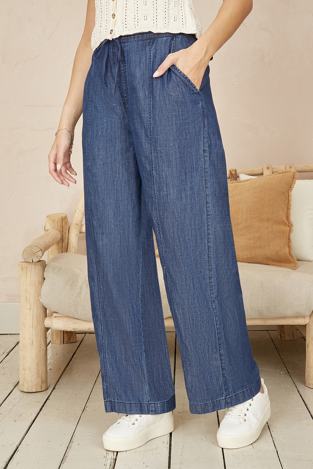 Yumi Blue Chambray Relaxed Fit Wide Leg Trousers