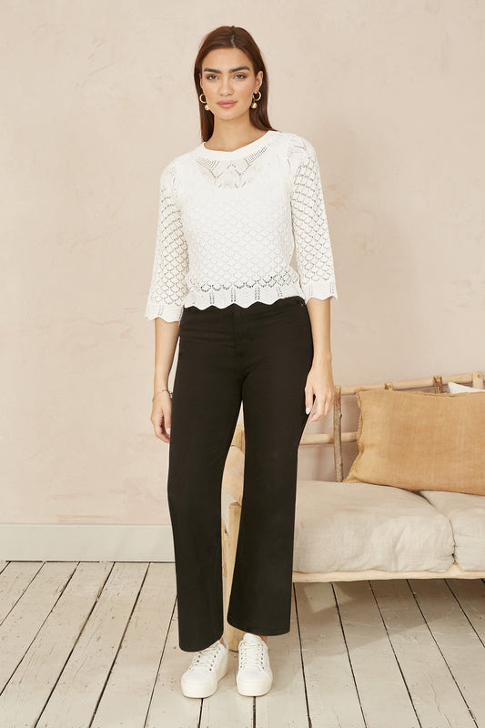 Yumi Ivory Crochet Knitted Top With Scallop Edge