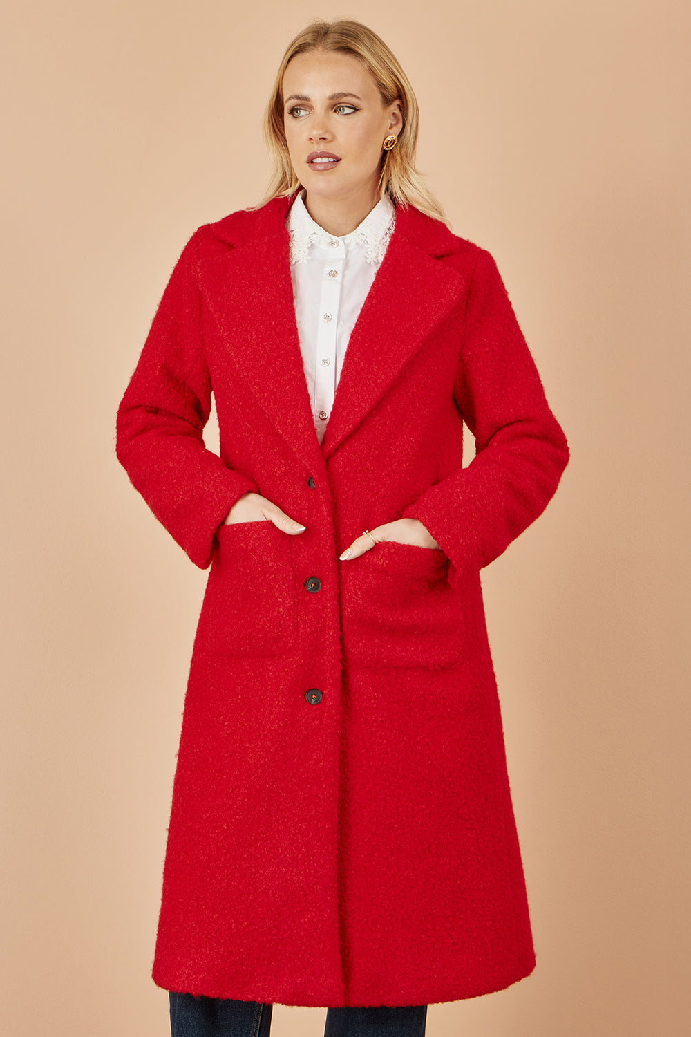 Yumi Red Boucle Long Line Coat