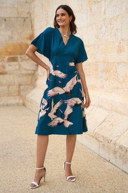 Yumi Teal Recycled Fabric Crane Print Kimono Midi Dress