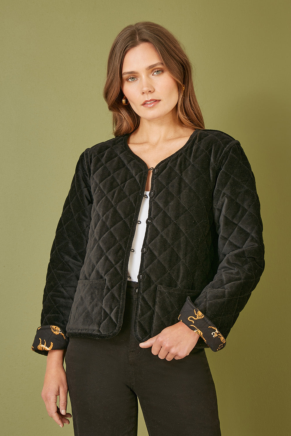 Yumi Black Velvet Quilted Jacket With Reversible Leopard Lining