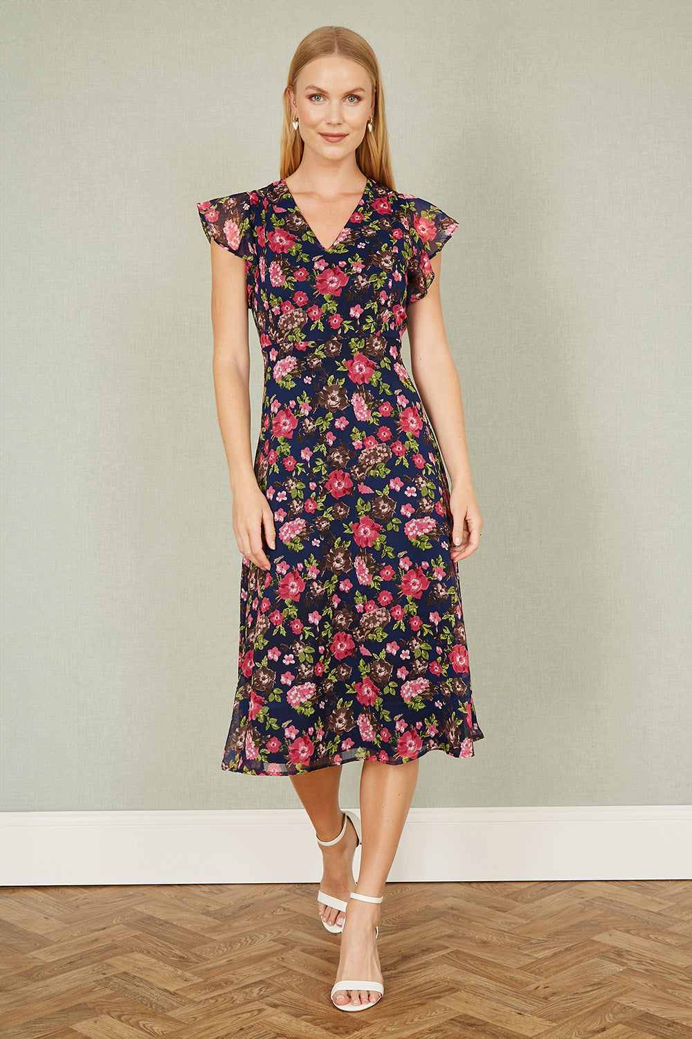 Yumi Navy Floral Midi Skater Dress