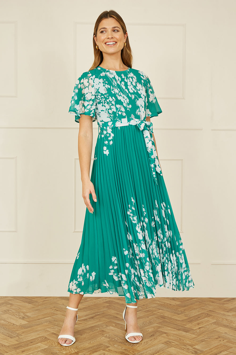 Yumi Green Mirror Floral Design Pleated Midi Dress