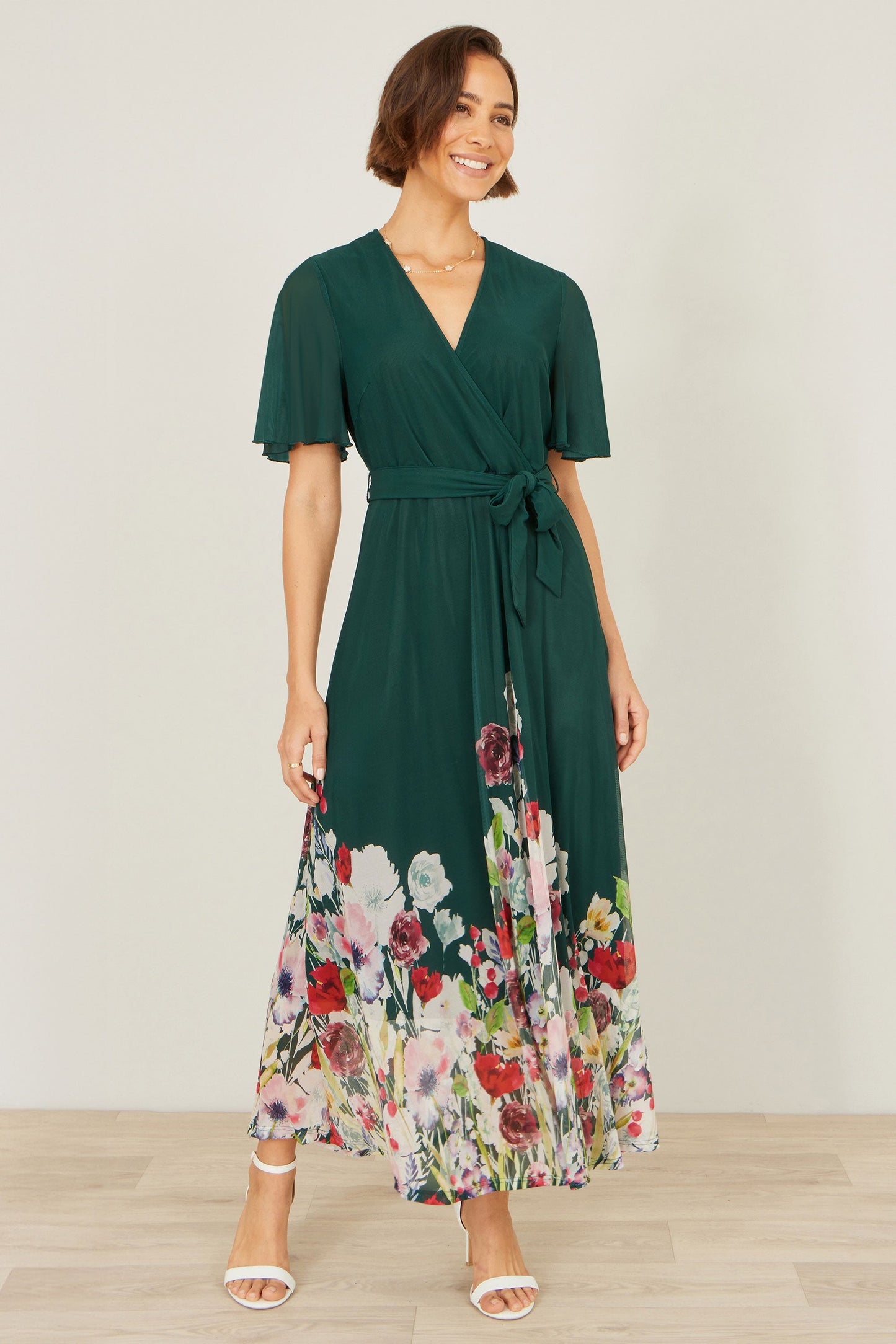 Yumi Green Mesh Wrap Midi Dress With Floral Hem Border