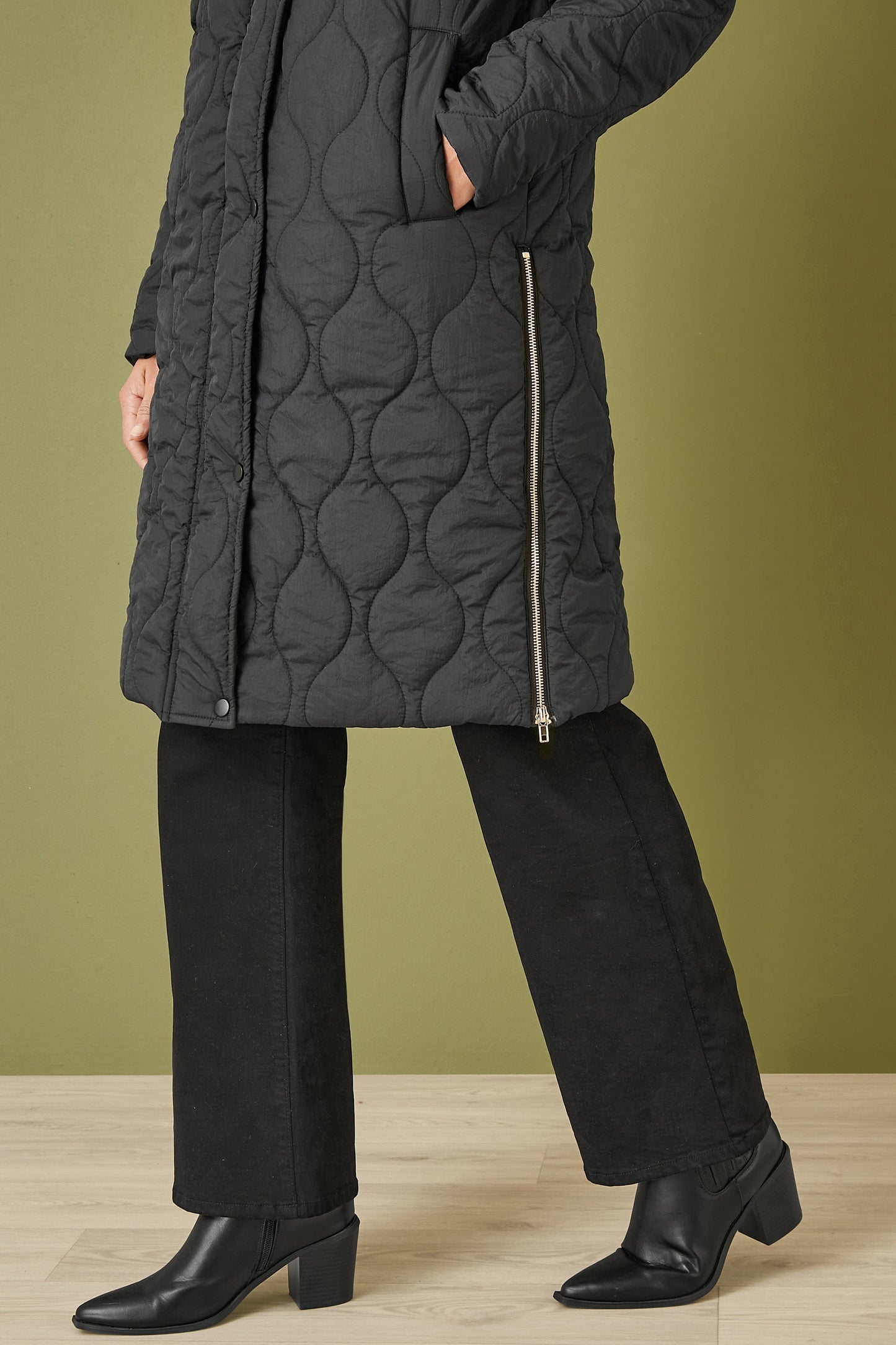 Yumi Black Padded Quilted Long Coat With Zip Detail And Hood