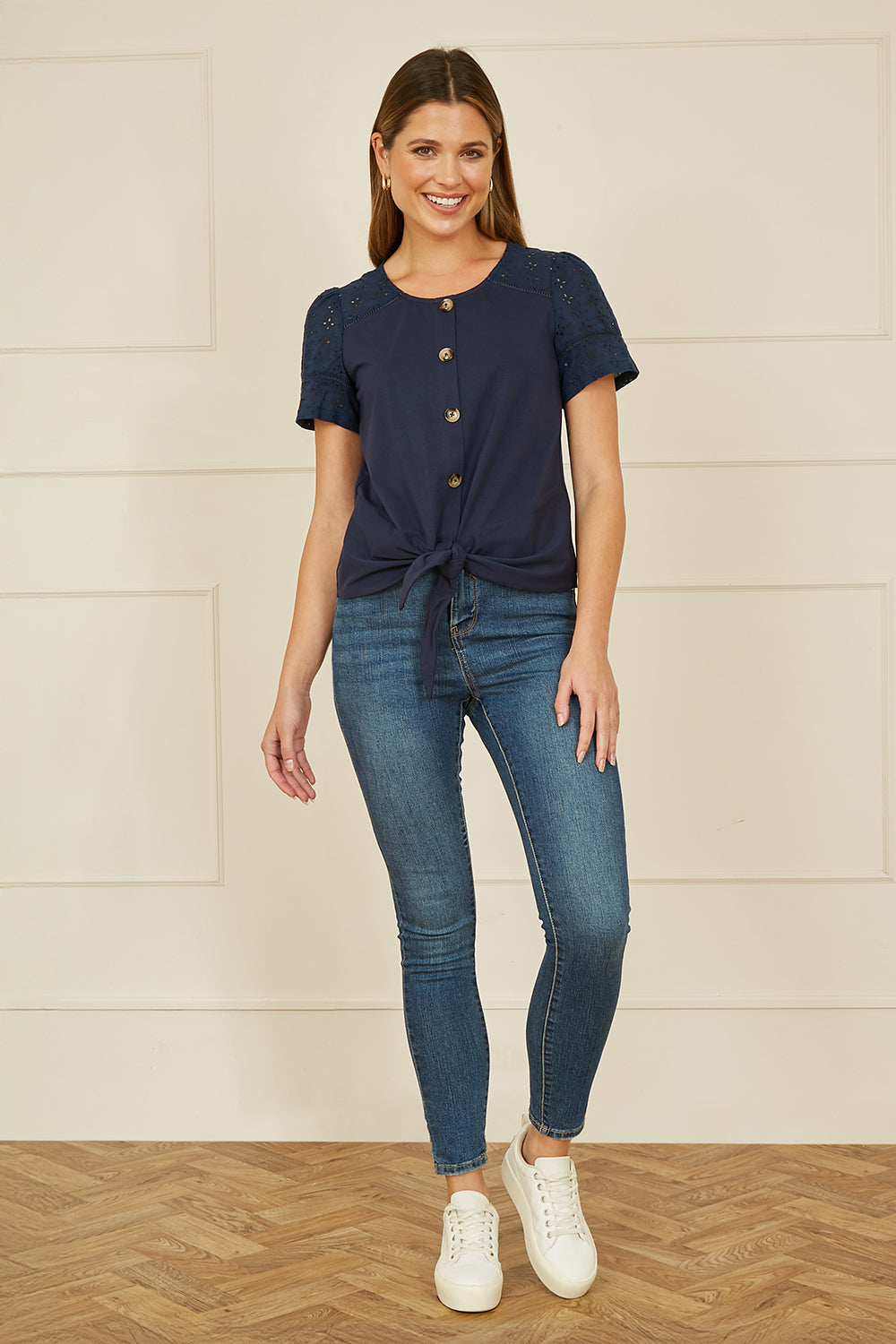 Yumi Navy Jersey Button Detail T-Shirt With Broderie Anglaise Sleeves And Tie Front