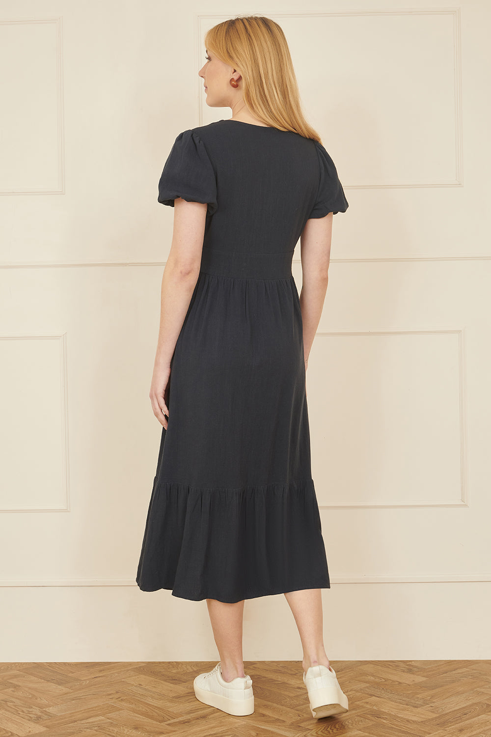Yumi Navy Viscose Button Through Midi Dress