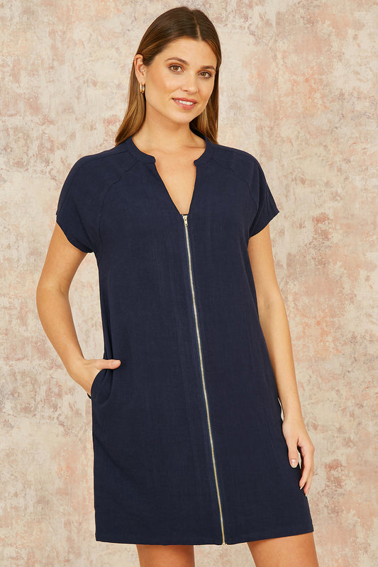 Yumi Navy Viscose Zip Tunic Dress