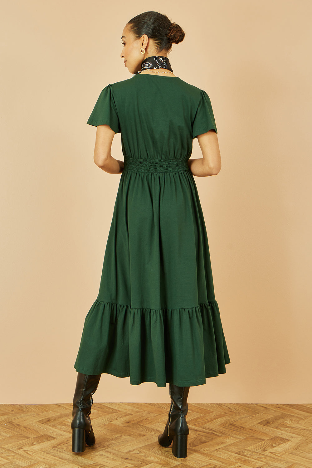 Yumi Green Cotton Jersey V Neck Midi Dress