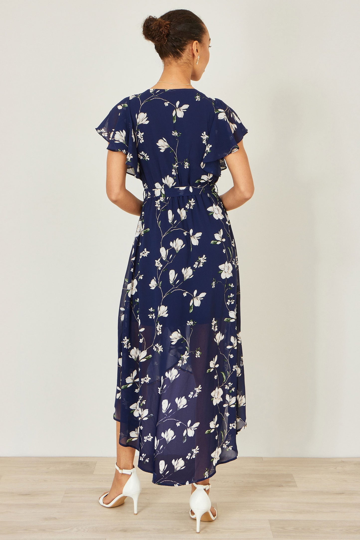 Yumi Navy Floral Wrap Midi Dress With Frill Hem