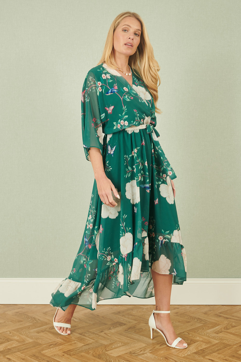 Yumi Green Bird and Floral Print Midi Wrap Dress