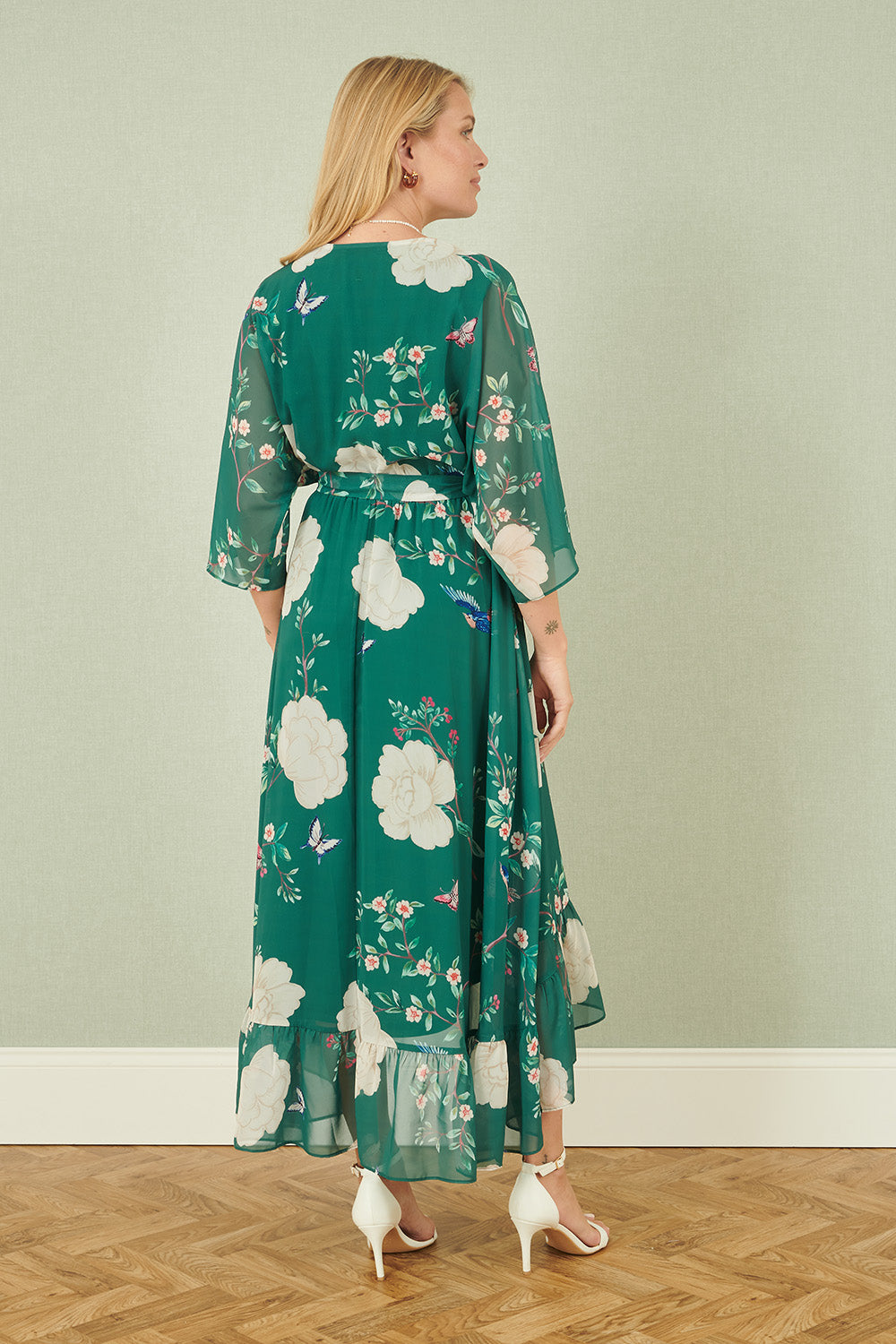 Yumi Green Bird and Floral Print Midi Wrap Dress