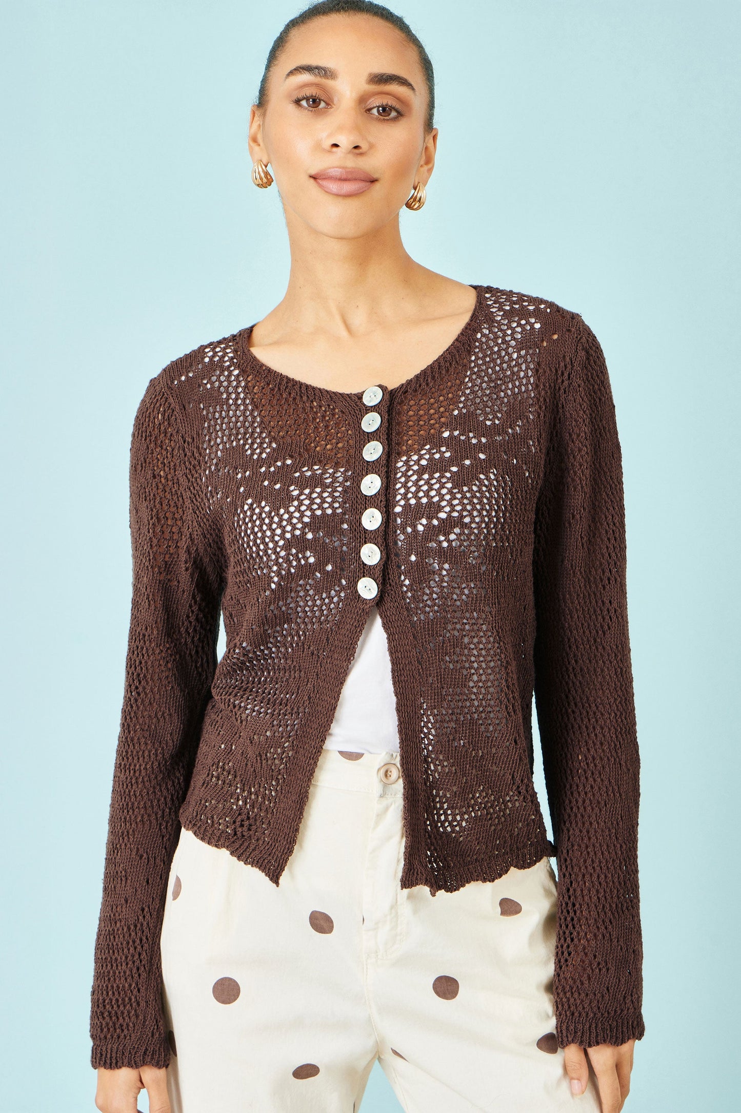 Yumi Brown Flower Crochet Button Up Cardigan
