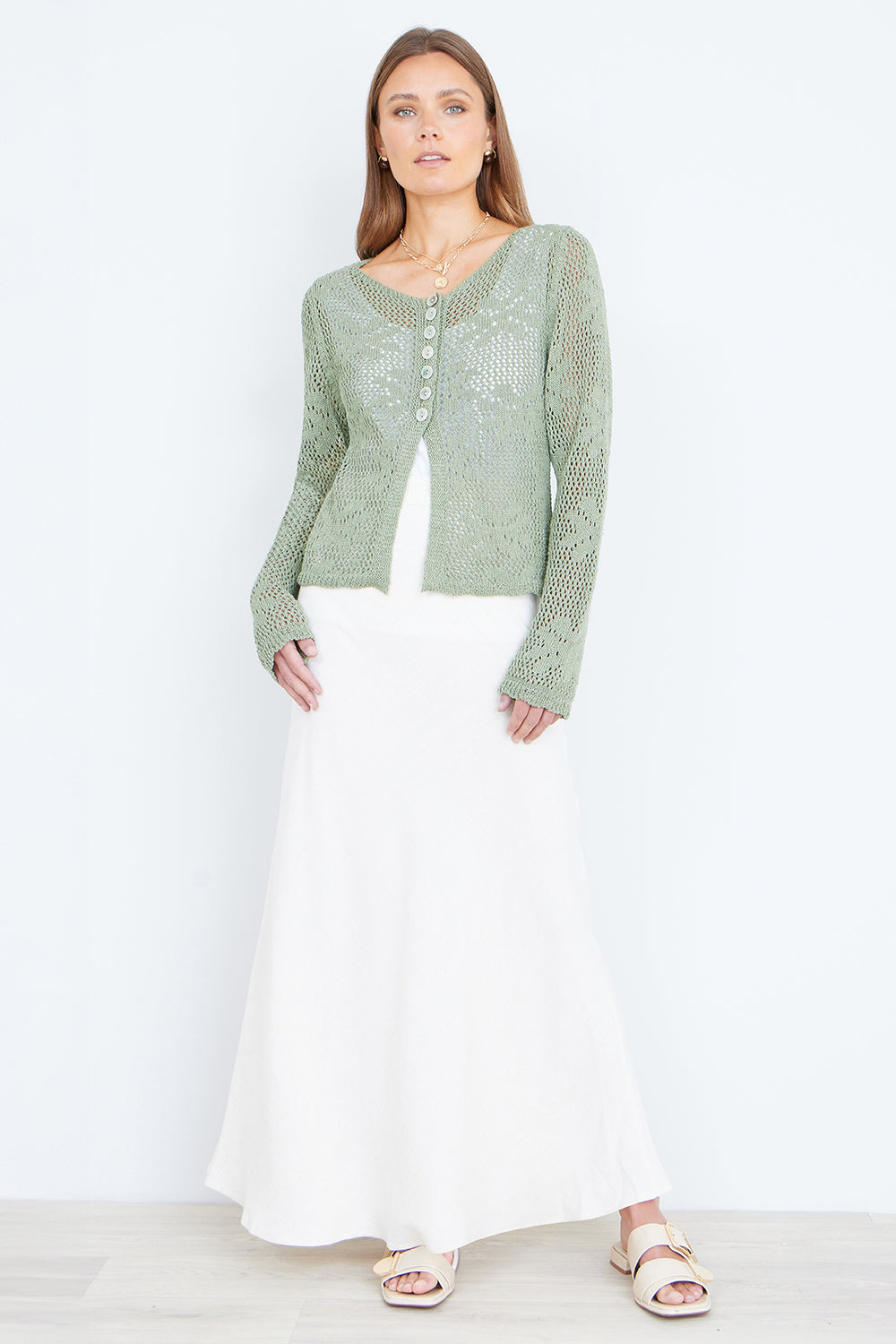 Yumi Green Flower Crochet Button Up Cardigan