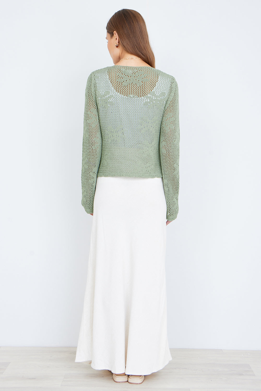 Yumi Green Flower Crochet Button Up Cardigan