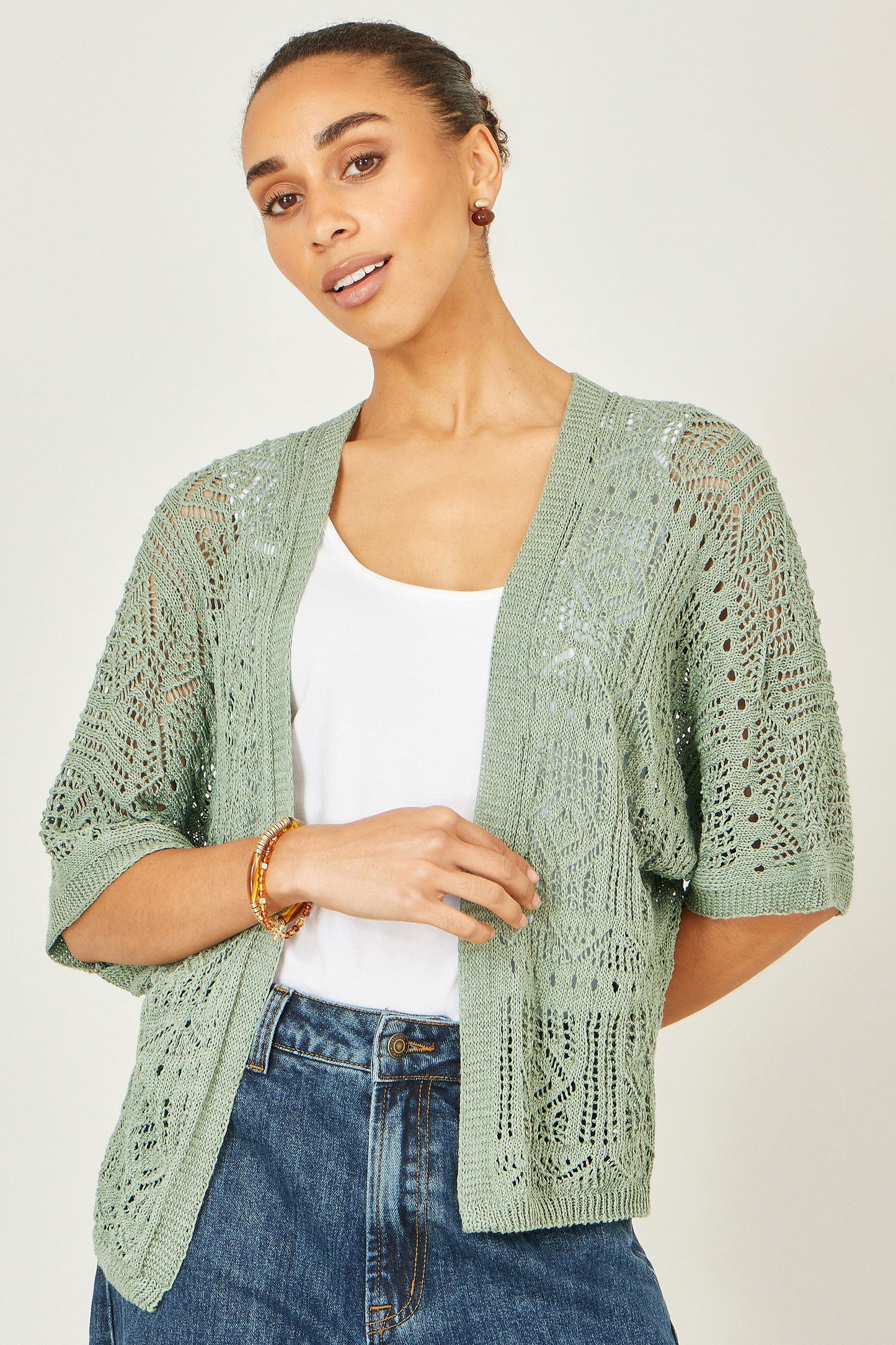 Yumi Green Crochet Edge To Edge 3/4 Sleeve Cardigan