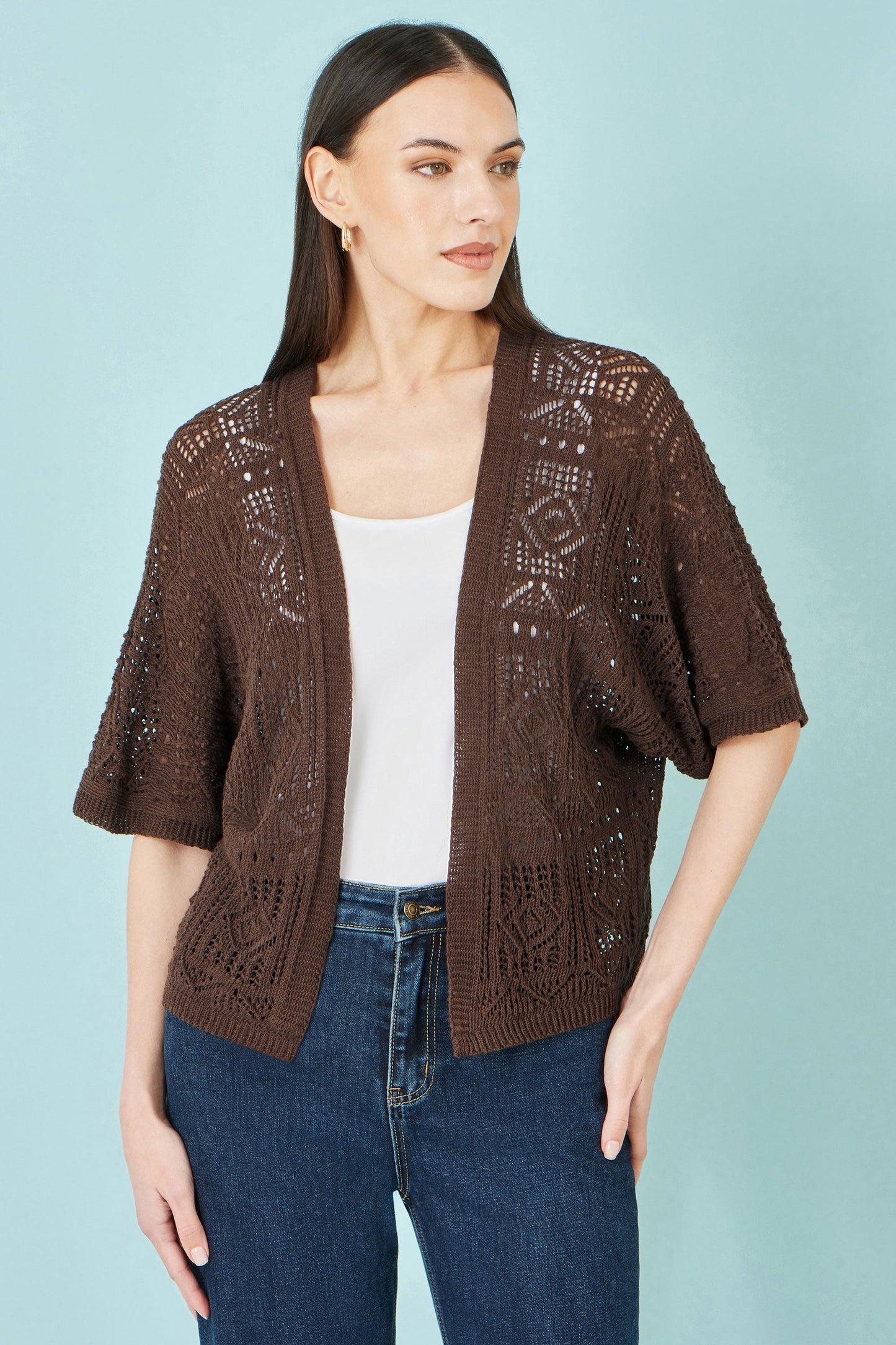 Yumi Brown Crochet Edge To Edge 3/4 Sleeve Cardigan