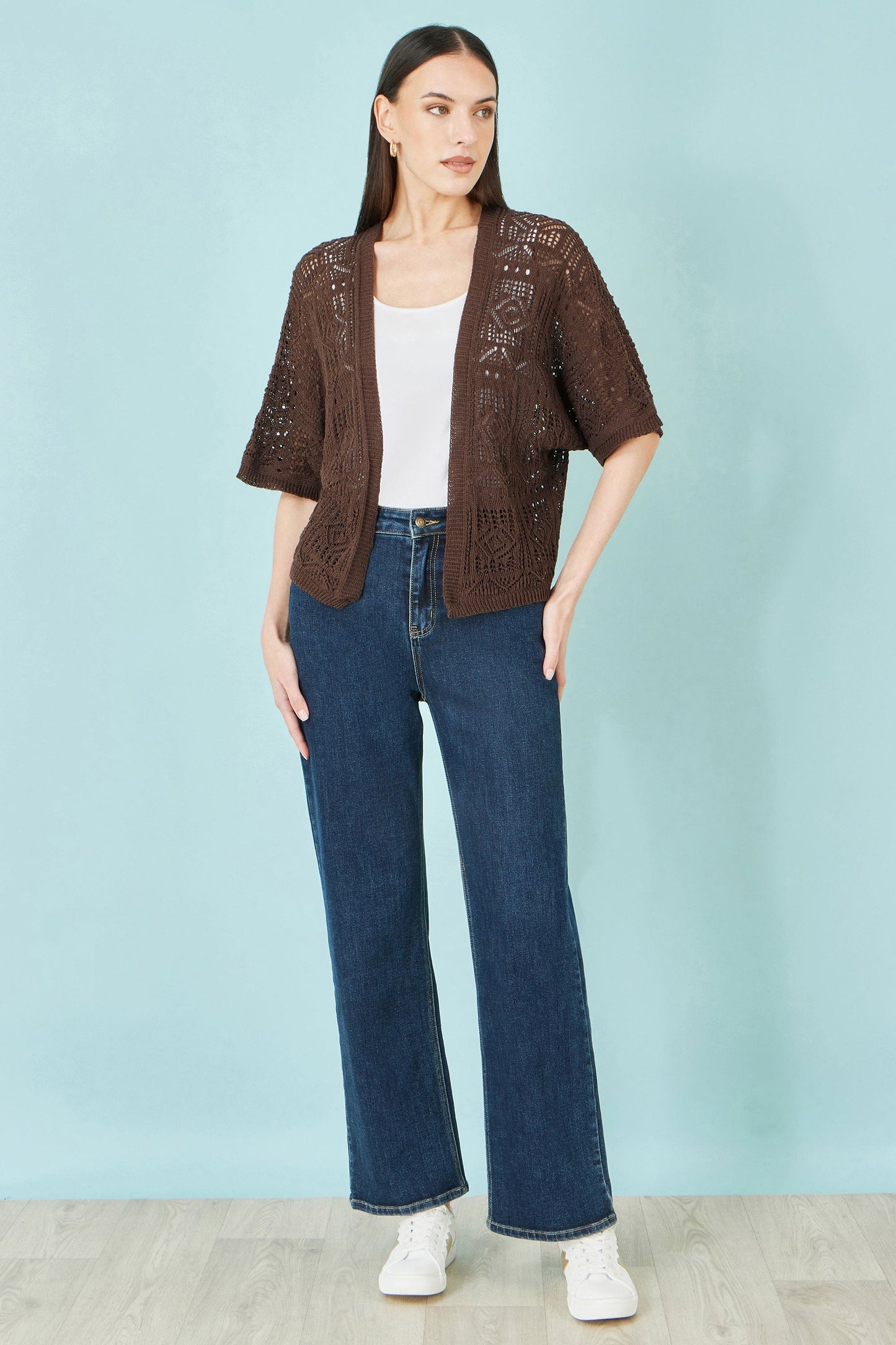 Yumi Brown Crochet Edge To Edge 3/4 Sleeve Cardigan
