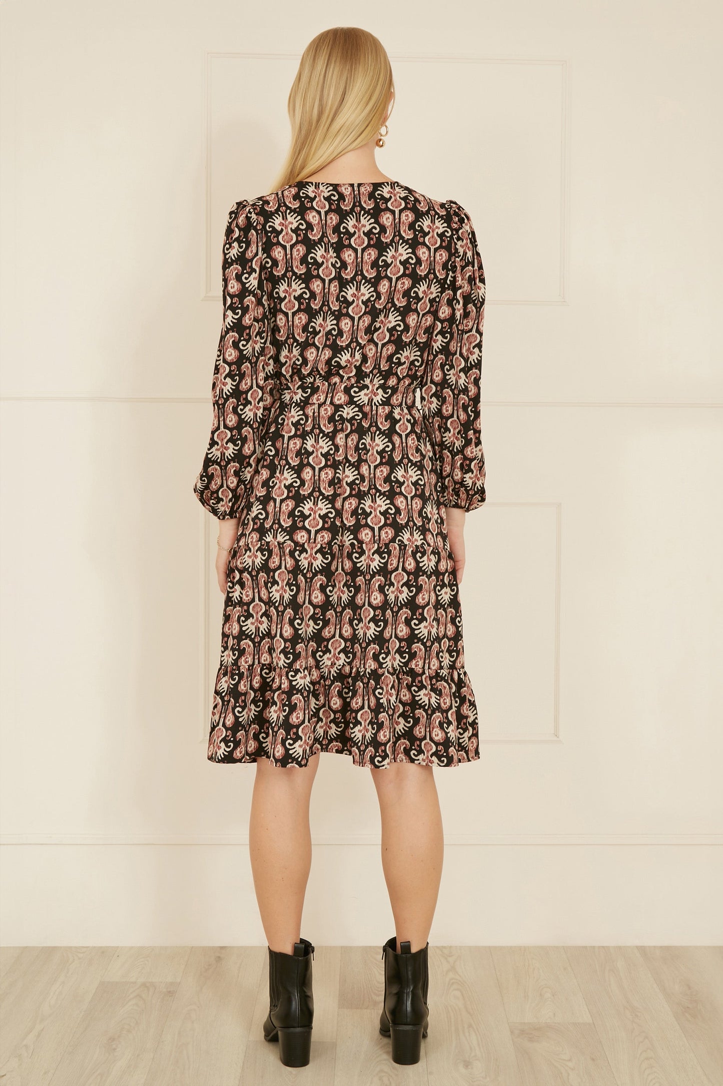 Yumi Black Ikat Long Sleeve Skater Dress