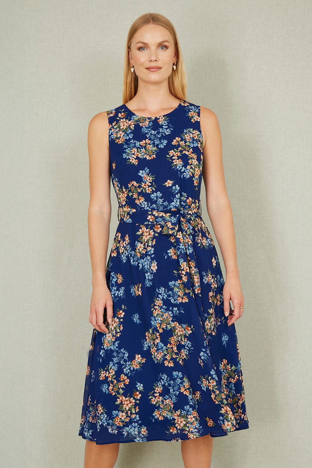 Yumi Navy Floral Skater Sleeveless Dress