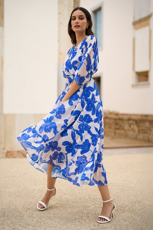 Yumi Navy Kimono Sleeves Midi Dip Hem Wrap Midi Dress