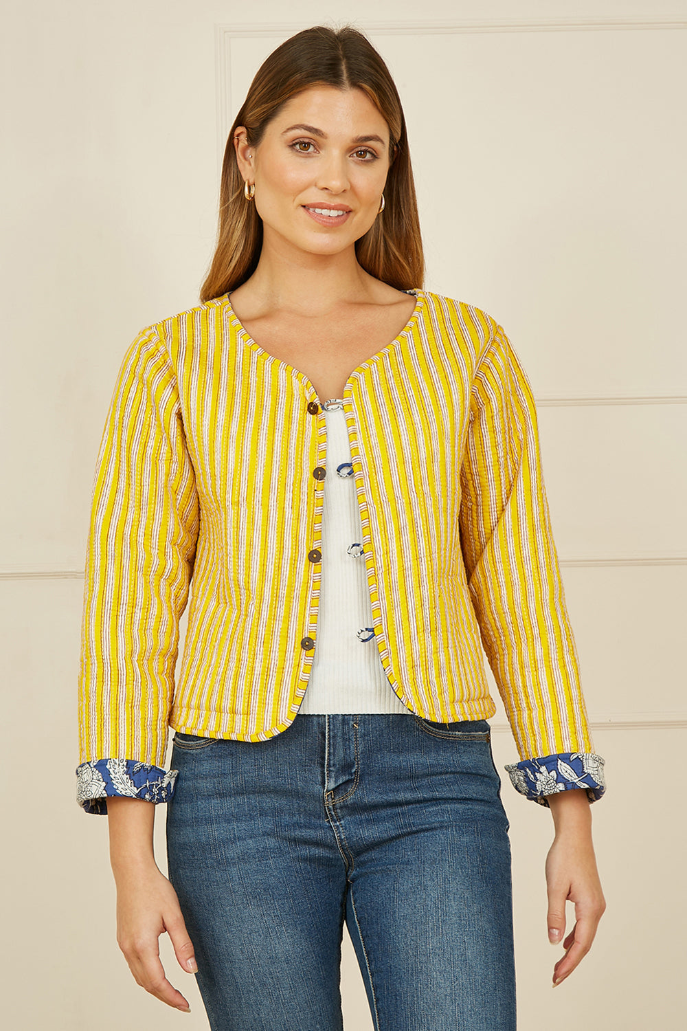 Yumi Blue Floral Reversible Cotton Quilted Jacket