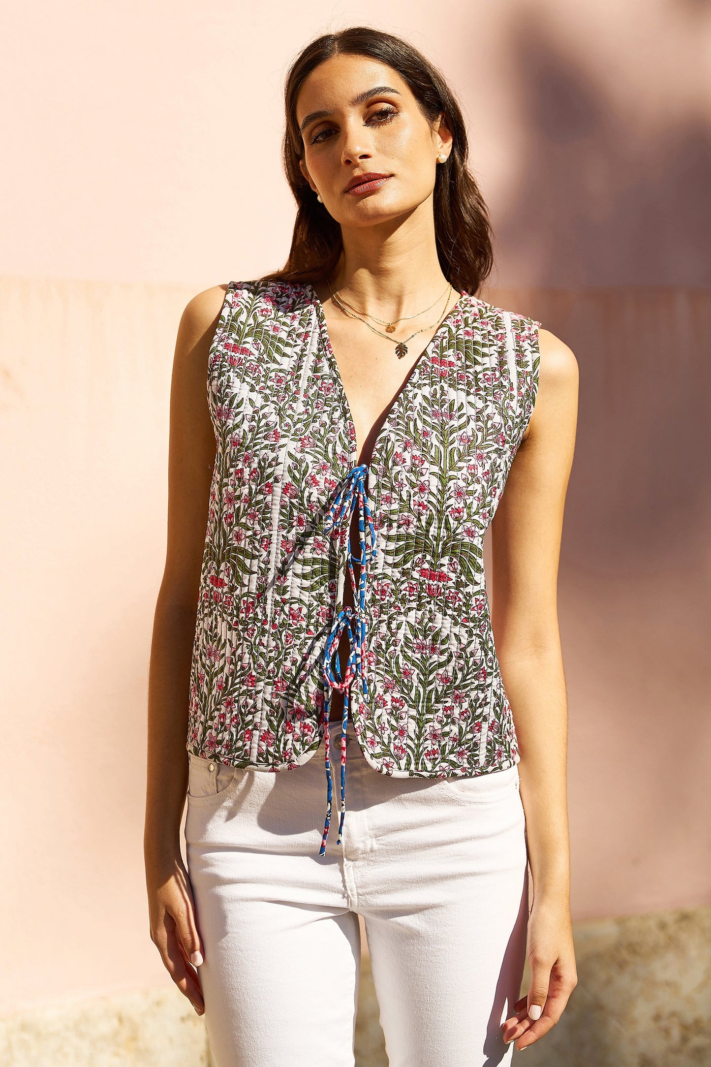 Yumi Blue Flower Reversible Cotton Quilted Waistcoat