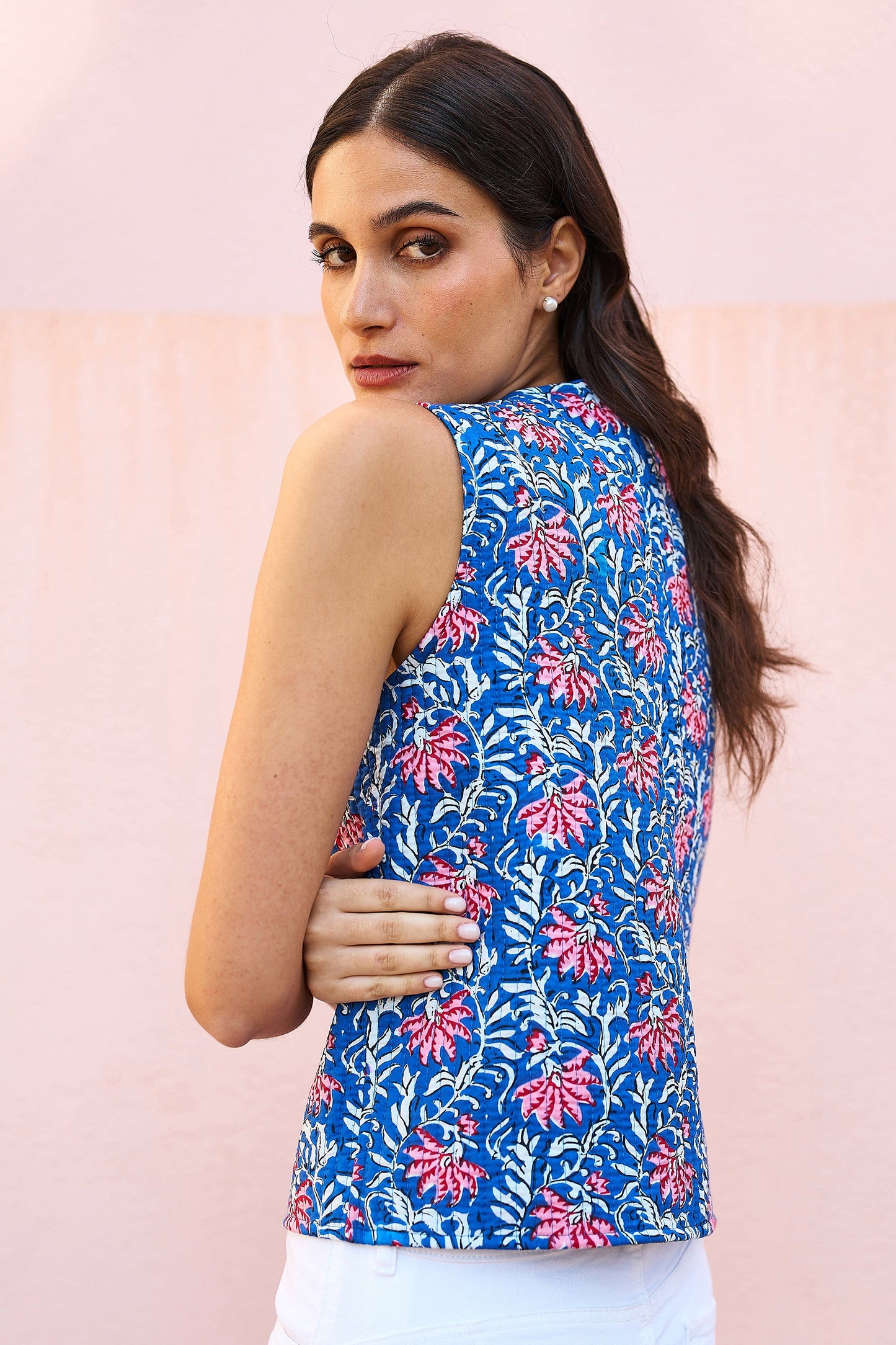Yumi Blue Flower Reversible Cotton Quilted Waistcoat