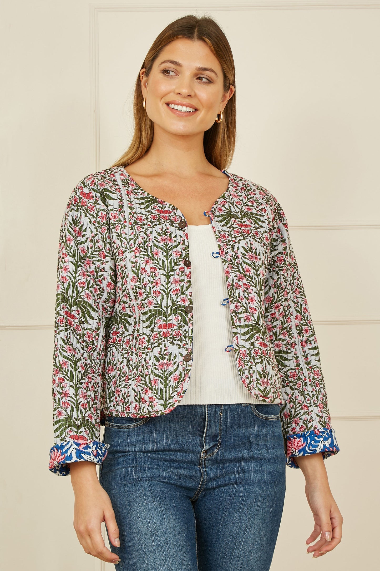Yumi Blue Floral Reversible Cotton Quilted Jacket