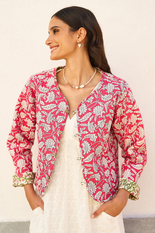 Yumi Pink Floral Reversible Cotton Quilted Jacket