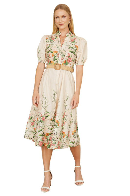Yumi Ivory Cotton Printed Midi Floral Placement Shirt Dress