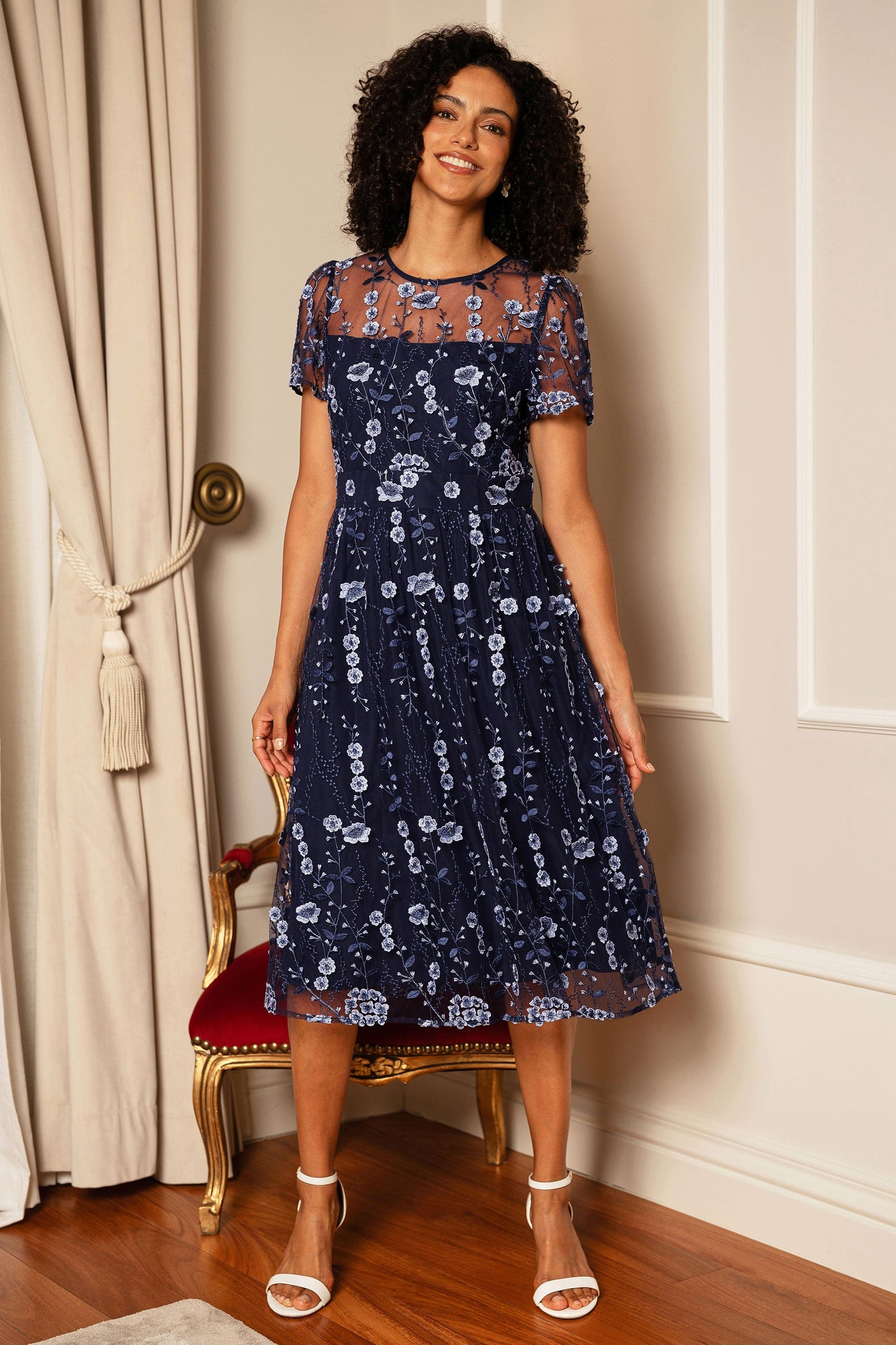 Yumi Navy Embroidered Mesh Midi Dress